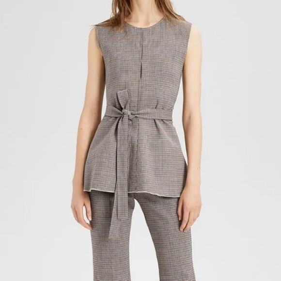 Theory Brown Plaid Wool Belted Peplum Waist Tie Top - Picture 1 of 8